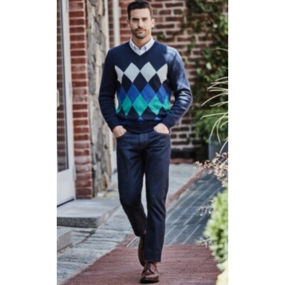 Brooks Brothers Cotton Argyle V-Neck Sweater Navy Multi Size M